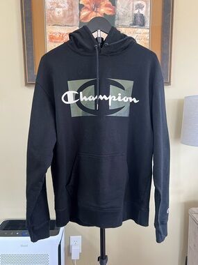 Champion Black Hoodie with Olive Graphic and White Logo